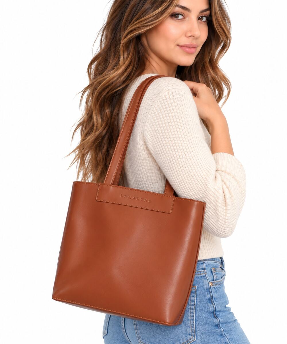 Lamarthe Cognac Brown Structured Tote Bag Large Shoulder Work Bag
